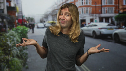 Man with long blond hair shrugs shoulders on a bustling urban street lined with red brick...
