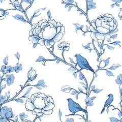 Floral Blue Chinoiserie. Toile De Jouy Vintage Seamless Pattern 08 Elegant Vector Graphics.
