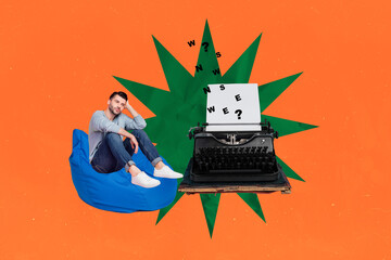 Image full pop trend collage of minded man sit beanbag type retro machine letters novelist...