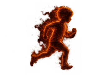 Child running made of fire with transparent background