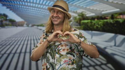 Blond man with straw hat and floral shirt making heart gesture on street under modern canopy; love...