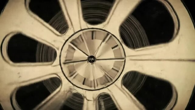 Rotating film reel, close-up, dark background, archival footage