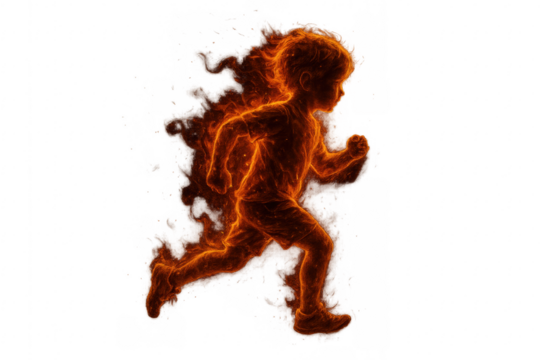 Child running made of fire with transparent background