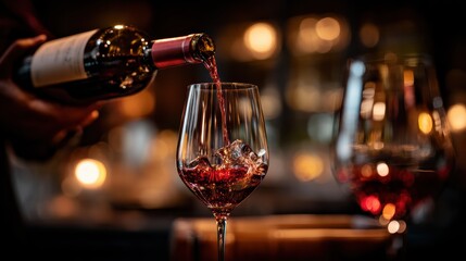 A hand pours red wine into a glass with ice, set against a warmly lit, elegant bar atmosphere with blurred background lights