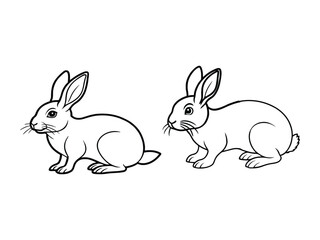 Obraz premium Two cute cartoon rabbits sitting side by side with simple outline drawing isolated on white background 