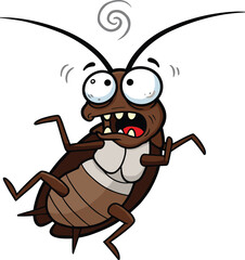 Cartoon cockroach with big eyes, scared expression, sweating insect, antennae humor design, vector bug illustration, funny pest character