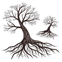 Obraz premium Intricate Artistic Illustration of Two Unique Trees with Expansive Root Systems Showing Growth and Connection in a minimalist monochrome style