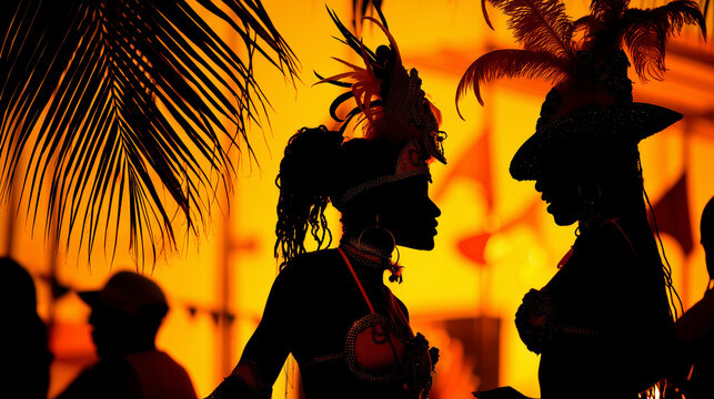 Silhouetted figures of dancers at night under palm trees and festival lights during Barbados Crop Over Festival