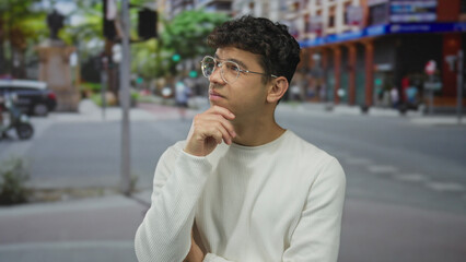 Fototapeta premium Man with hand on chin in pensive pose on urban street, wearing white sweater and glasses, looking upward toward buildings; thinking.