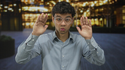 Man raising hands with palms forward on street lit by building windows at night in city scene;...