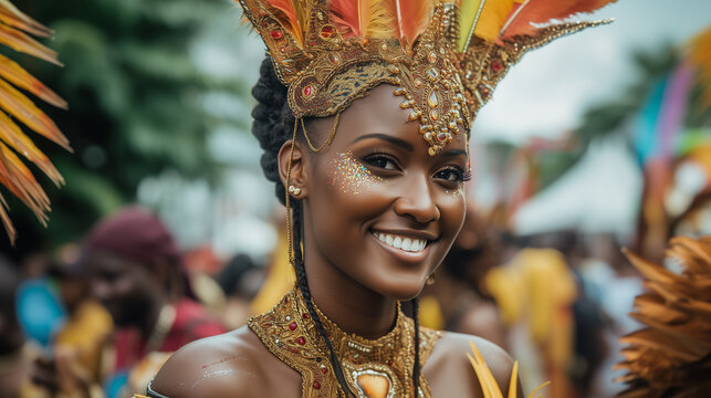 Smiling woman in elaborate gold costume and headpiece during vibrant street parade at Barbados Crop Over Festival celebration