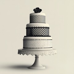Elegant three tier cake with black decoration and rose on a stand