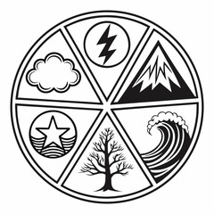 Symbolic weather and nature icons representing climate elements and natural phenomena in a circular emblem design for environmental illustrations