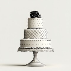 Elegant three tiered wedding cake topped with a beautiful black rose