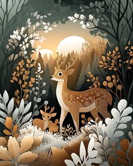 Enchanted Forest Illustration with Deer Family at Sunset in Golden Hues