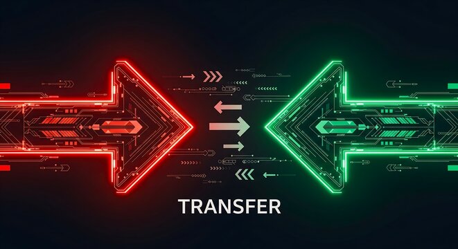 Dynamic Red and Green Digital Arrows Interchanging Data Representing Concept of Transfer, Exchange, and Bidirectional Communication in a Modern Technology Network