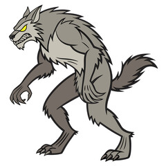Fototapeta premium Fierce mythical wolf creature with menacing yellow eyes and rugged fur standing on a blank background highlighting fantasy beast design