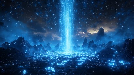 Futuristic Alien Landscape Bathed in Blue Light with a Central Beam