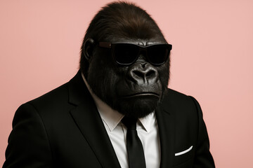 Obraz premium Stylish gorilla in black suit and tie wearing sunglasses against pastel background expressing modern fashion and cool attitude