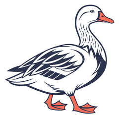 Illustration of a friendly cartoon goose standing confident with detailed feathers and bright orange beak and legs