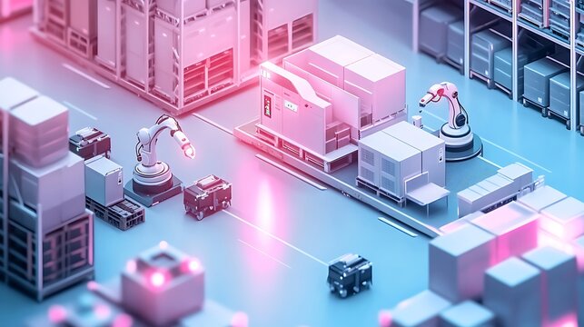 Futuristic Warehouse Automation System with Robotic Arms and Automated Guided Vehicles