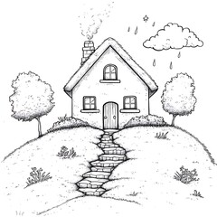Illustration of a cute cottage with trees, on a hill, on a rainy day