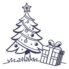 Minimalist Christmas Tree Illustration with Gift Box and Star Topper Celebrating Holiday Spirit in Simple Line Art Style for Seasonal Decorations