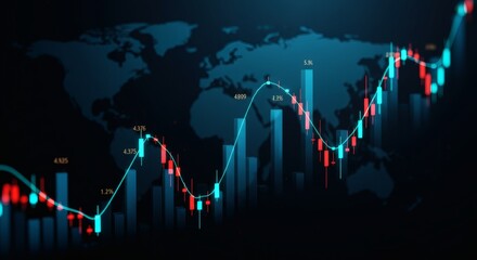 Abstract Stock Chart with Teal Line and Red Candlesticks on World Map