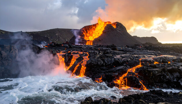 Fiery Volcanic Eruption at Sunset, Lava Flowing into Ocean - Powered by Adobe