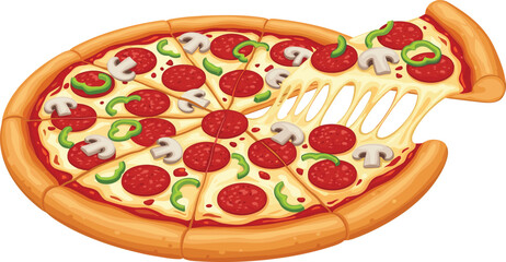 Delicious pepperoni pizza with mushrooms and green peppers, cheesy slice being pulled, tasty crust, appetizing meal, food lovers illustration