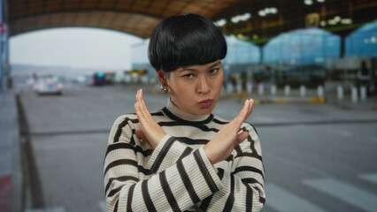 Obraz premium Woman gesturing at an airport outdoor setting, expressing displeasure with crossed arms and stern expression, wearing striped sweater in a modern open-air terminal.