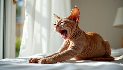 Domestic canadian kitten posing in an indoor studio portrait closeup capture of felino stretching
