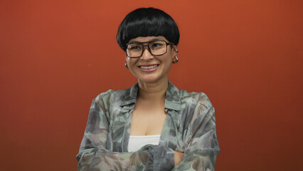 Young chinese woman smiling confidently in front of an isolated vibrant orange background, wearing...