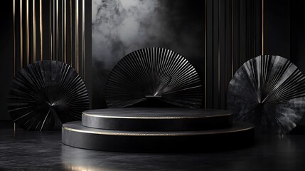 Sophisticated black and gold product showcase podium with elegant decorative elements