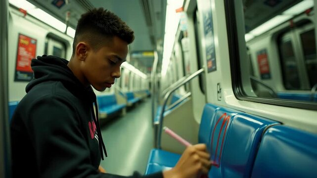 Teenage vandal paints chair inside subway train during rush hour in urban setting.