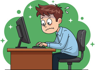 Stressed cartoon office worker typing on computer, workplace anxiety, deadline pressure, frustrated employee illustration, productivity challenges, corporate burnout