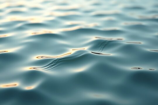 Close up of gentle teal water ripples reflecting soft golden light