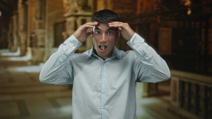 Man holds his hands to his forehead in an ornate church corridor capturing a wide open mouth...