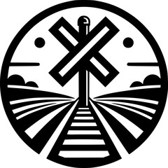 Railway Crossing Silhouette: A minimalist artistic illustration of a railway crossing, the black and white rendering, and conveying a sense of order and direction.