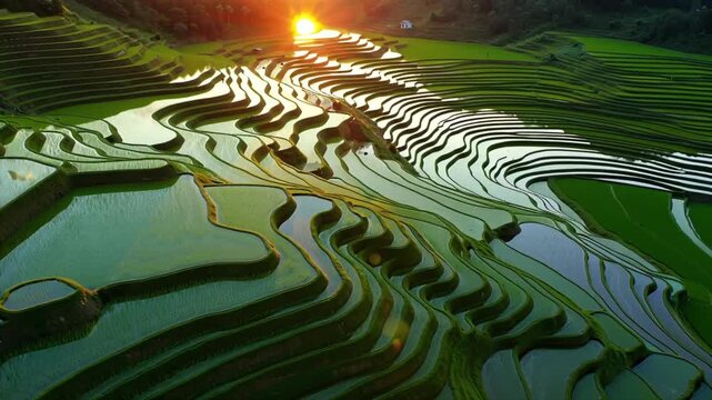 Aerial view of early morning sunlight casting golden hues over terraced rice fields. Beautiful natural scenery in 4K resolution.