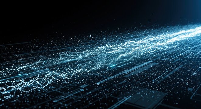 Abstract blue network background shows modern digital data stream with technology and connection concept.