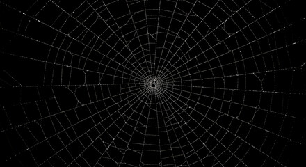 Obraz premium Intricate spiderweb, radiating design, dark background, detailed texture, natural artistry, nocturnal scene.