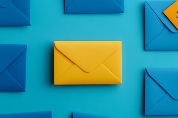 Mail Pattern: Bold yellow envelope amidst blue envelopes on a vibrant background, symbolizing communication and uniqueness in a digital world.