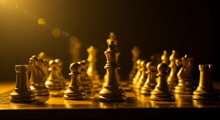 Strategic Brilliance: Glimmering Golden Chess Set Illuminated on a Textured Wooden Chessboard, Hinting at a Complex and Intellectual Battle