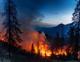 destructive forest fire illuminates the night sky in mountainous region at dusk