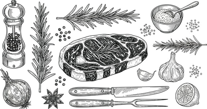 Hand drawn steak illustration with herbs and spices food ingredients