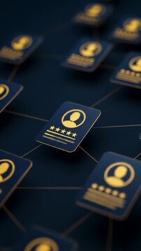 Multiple profile cards with five-star ratings glow across an interconnected dark grid, representing the concept of reputation analytics, trust metrics, digital identity, and professional networks.