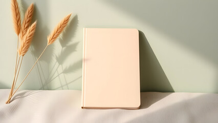 Minimalist Blank Peach Notebook Mockup with Pampas Grass and Soft Natural Light Shadows