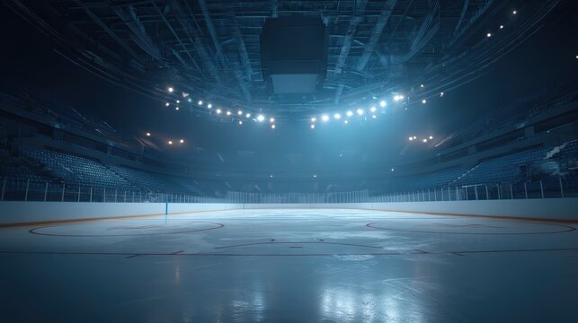 An empty, illuminated ice hockey rink inside a large arena, with rows of empty seats and bright overhead lights - Powered by Adobe
