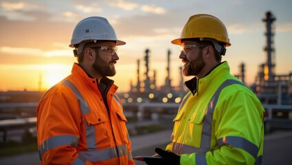 Two refinery workers collaborate at sunset, wearing safety gear and discussing operations against an industrial backdrop.